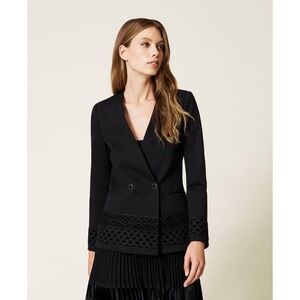 NWT TWINSET‎ Milano Black Ponte Knit Blazer Velvet Embroidery Trim Jacket 40 XS